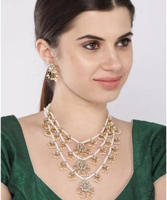 Aheli ethnic layered faux pearl kundan necklace earring set indian traditional jewellery set for women 2