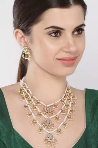 Aheli ethnic layered faux pearl kundan necklace earring set indian traditional jewellery set for women