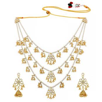 Aheli ethnic layered faux pearl kundan necklace earring set indian traditional jewellery set for women 3