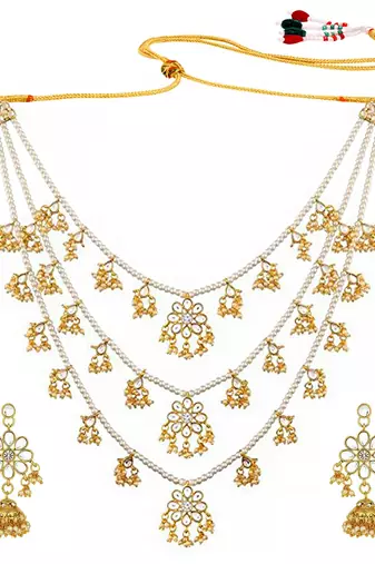 Aheli ethnic layered faux pearl kundan necklace earring set indian traditional jewellery set for women