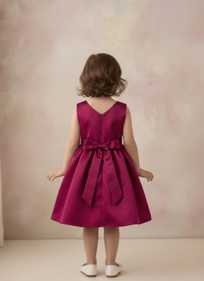 Wine red solid pearl embellished satin bow detail fit & flare girls dress 3