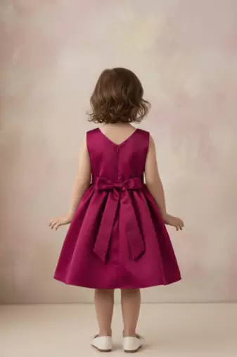 Wine red solid pearl embellished satin bow detail fit & flare girls dress