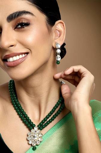 Aheli kundan faux pearl long necklace earring set for women girls indian traditional jewellery wedding
