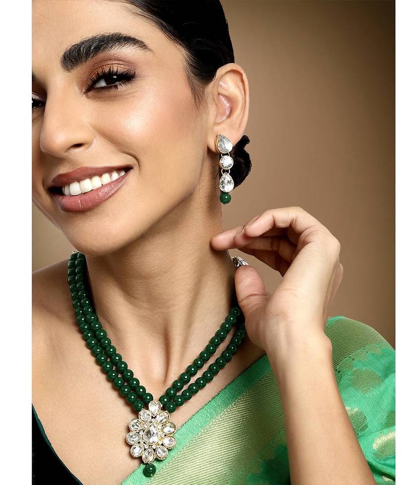 Aheli kundan faux pearl long necklace earring set for women girls indian traditional jewellery wedding