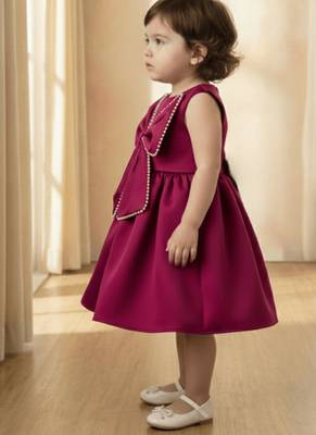 Wine red solid pearl embellished satin bow detail fit & flare girls dress 4