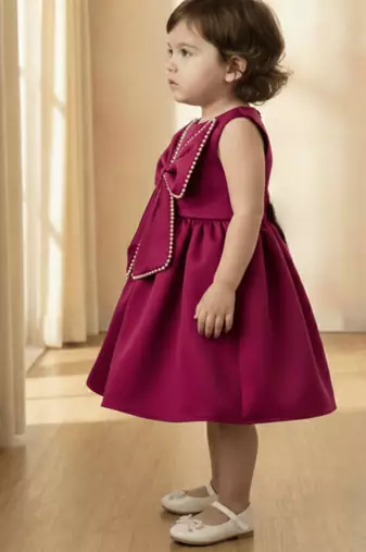 Wine red solid pearl embellished satin bow detail fit & flare girls dress