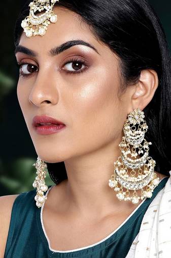 Aheli kundan pearl long dangle chandbali earring maang tikka jewellery set for women