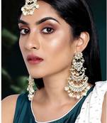 Aheli kundan pearl long dangle chandbali earring maang tikka jewellery set for women