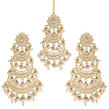 Aheli kundan pearl long dangle chandbali earring maang tikka jewellery set for women 2