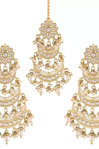 Aheli kundan pearl long dangle chandbali earring maang tikka jewellery set for women