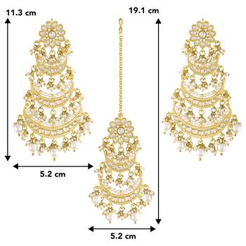 Aheli kundan pearl long dangle chandbali earring maang tikka jewellery set for women 3