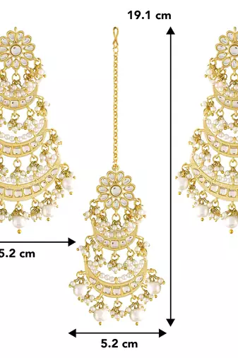 Aheli kundan pearl long dangle chandbali earring maang tikka jewellery set for women
