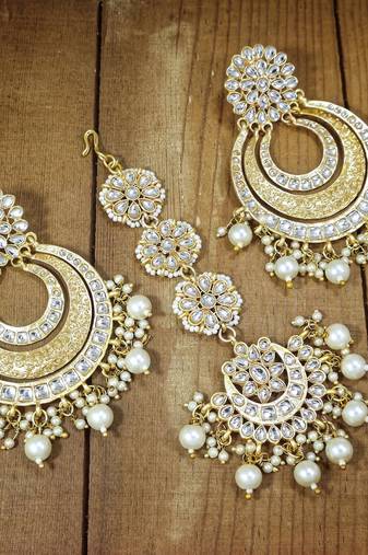 Aheli kundan chandbali earring maang tikka traditional jewellery set for women