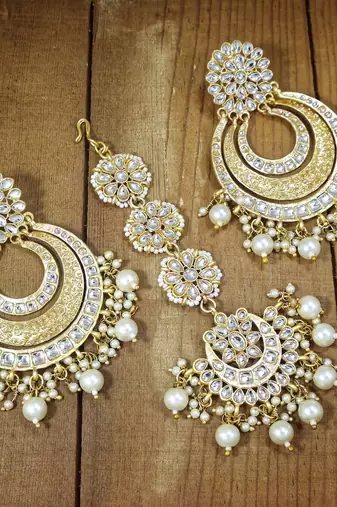 Aheli kundan chandbali earring maang tikka traditional jewellery set for women