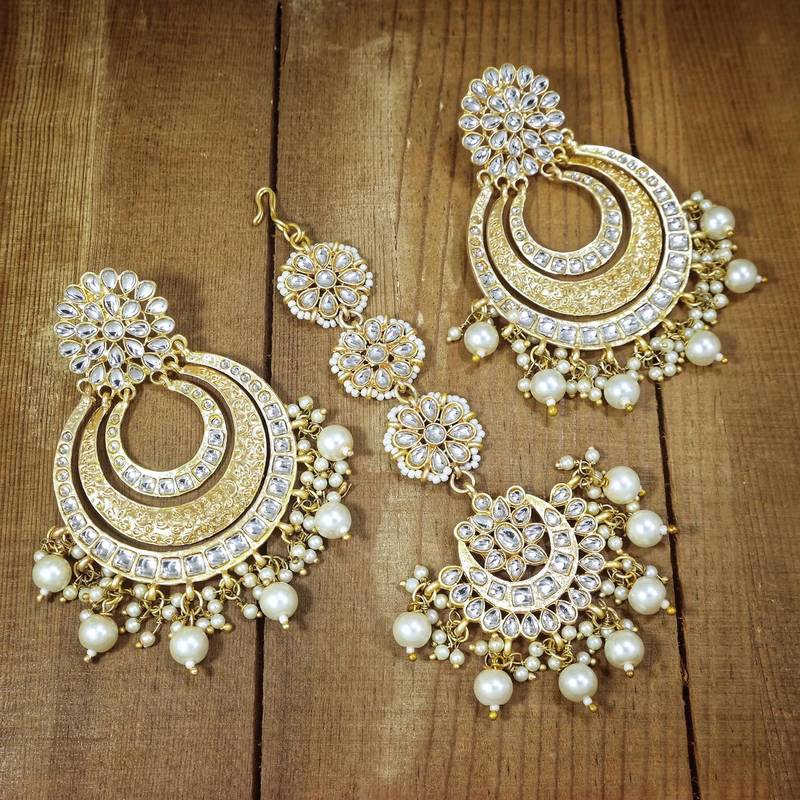 Aheli kundan chandbali earring maang tikka traditional jewellery set for women