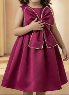 Wine red solid pearl embellished satin bow detail fit & flare girls dress 5