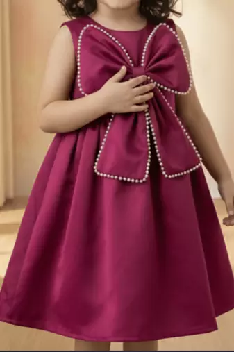 Wine red solid pearl embellished satin bow detail fit & flare girls dress