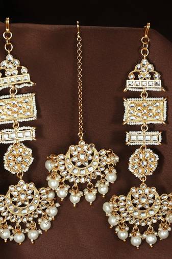 Aheli long traditional kundan faux pearl chandbali earrings with maang tikka set for women