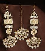 Aheli long traditional kundan faux pearl chandbali earrings with maang tikka set for women