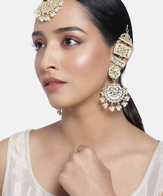 Aheli long traditional kundan faux pearl chandbali earrings with maang tikka set for women 2