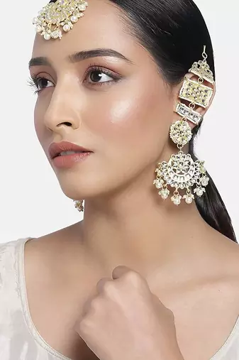 Aheli long traditional kundan faux pearl chandbali earrings with maang tikka set for women
