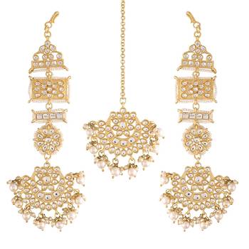 Aheli long traditional kundan faux pearl chandbali earrings with maang tikka set for women 3