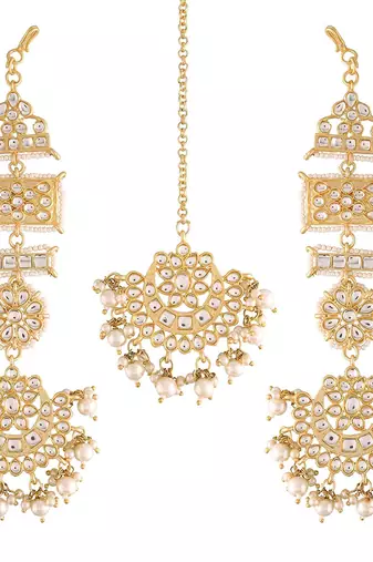 Aheli long traditional kundan faux pearl chandbali earrings with maang tikka set for women