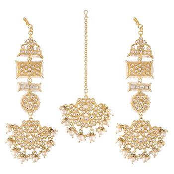 Aheli long traditional kundan faux pearl chandbali earrings with maang tikka set for women 4
