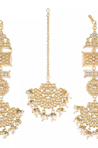 Aheli long traditional kundan faux pearl chandbali earrings with maang tikka set for women