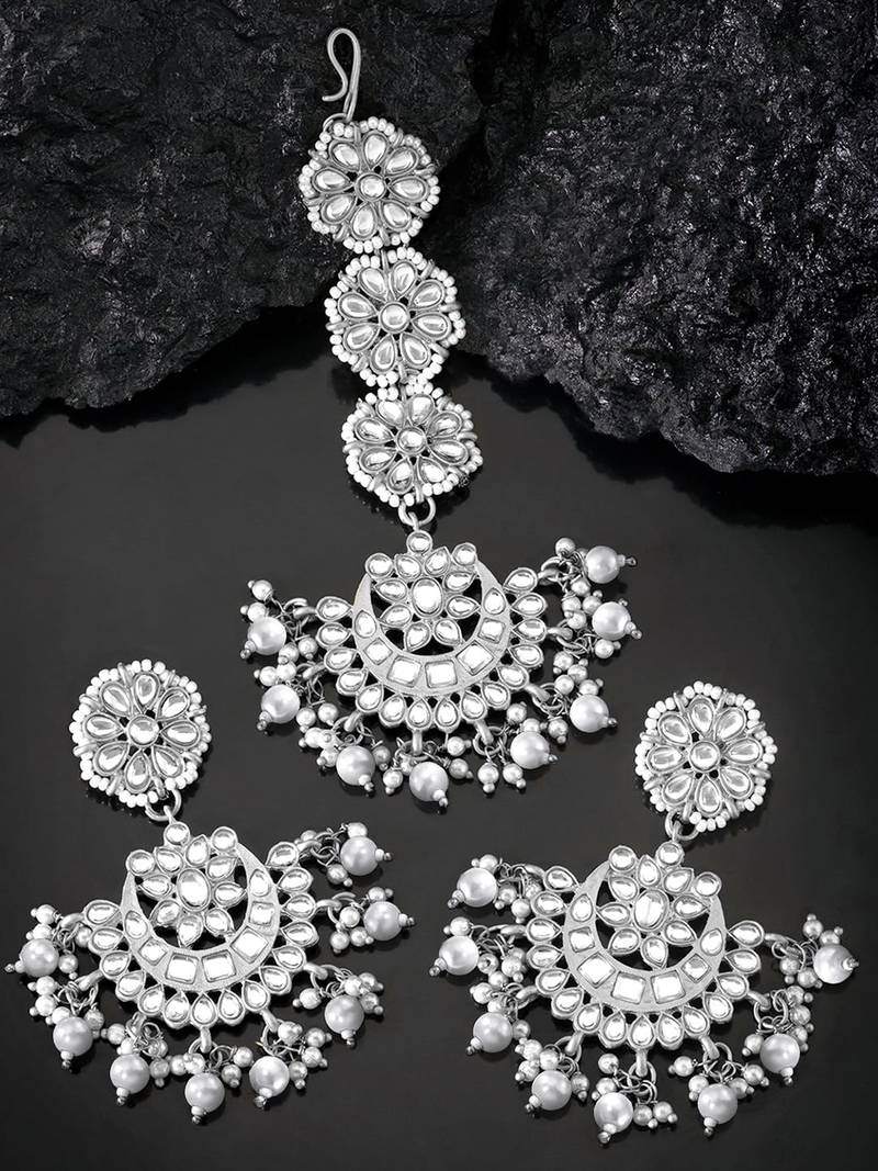 Aheli traditional kundan pearl chandbali earrings with maang tikka set for women