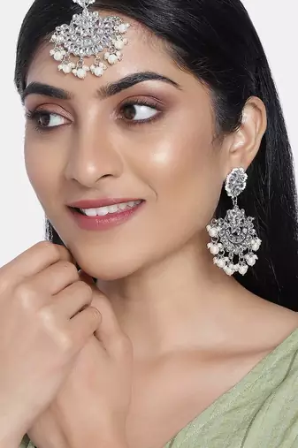 Aheli traditional kundan pearl chandbali earrings with maang tikka set for women