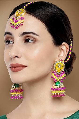 Aheli enamel meenakari jhumki earrings with maang tikka jewellery set for women