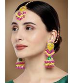 Aheli enamel meenakari jhumki earrings with maang tikka jewellery set for women