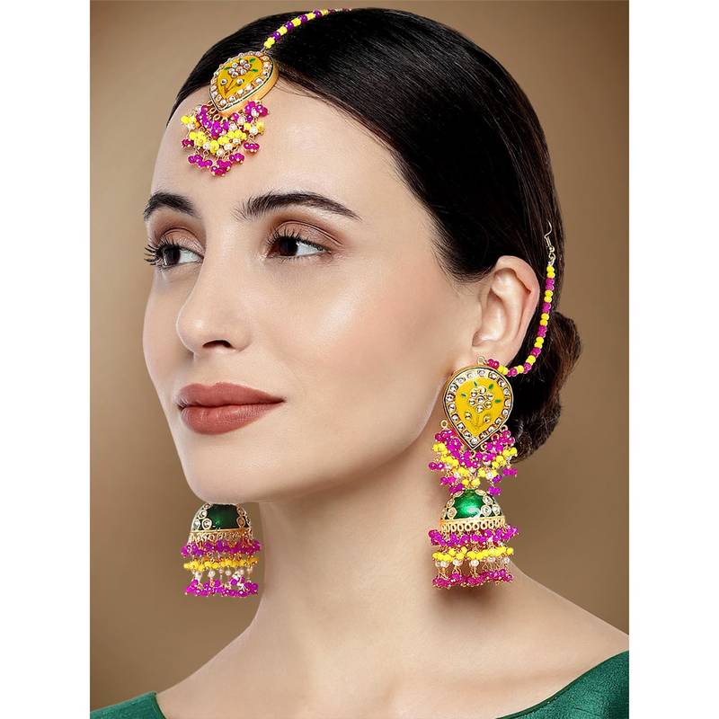 Aheli enamel meenakari jhumki earrings with maang tikka jewellery set for women