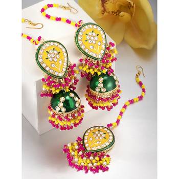 Aheli enamel meenakari jhumki earrings with maang tikka jewellery set for women 2