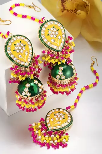 Aheli enamel meenakari jhumki earrings with maang tikka jewellery set for women
