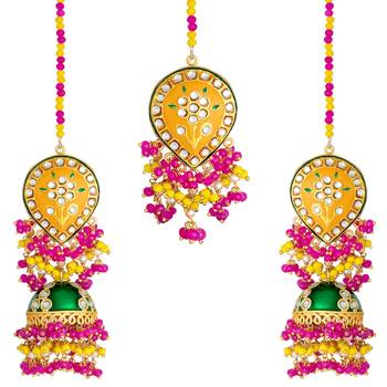 Aheli enamel meenakari jhumki earrings with maang tikka jewellery set for women 3