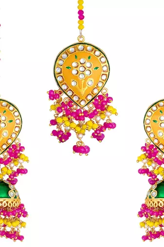 Aheli enamel meenakari jhumki earrings with maang tikka jewellery set for women