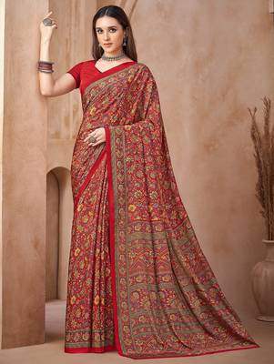 Red printed crepe silk fancy smooth saree with unstitch blouse 1