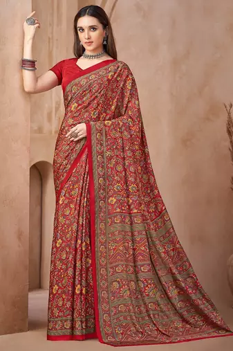 Red printed crepe silk fancy smooth saree with unstitch blouse
