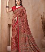 Red printed crepe silk fancy smooth saree with unstitch blouse