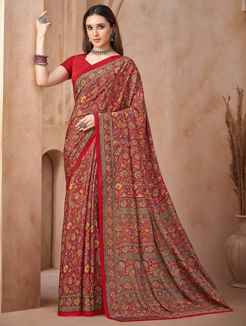 Red printed crepe silk fancy smooth saree with unstitch blouse