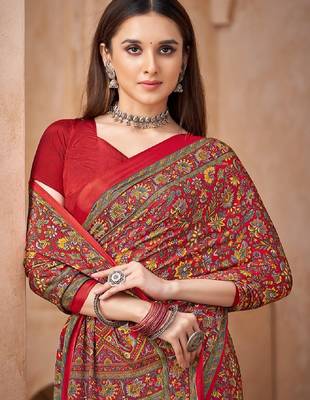 Red printed crepe silk fancy smooth saree with unstitch blouse 2