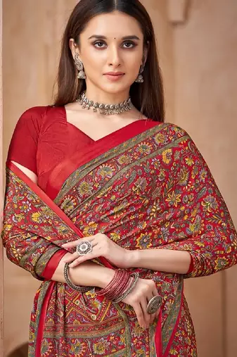 Red printed crepe silk fancy smooth saree with unstitch blouse