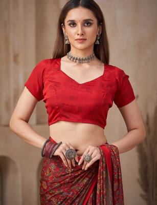Red printed crepe silk fancy smooth saree with unstitch blouse 3