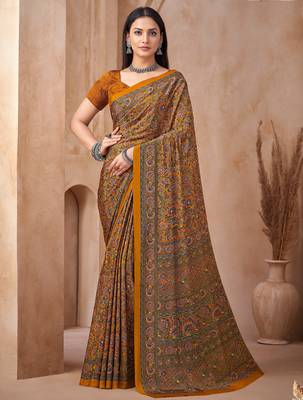 Mustard printed crepe silk fancy smooth saree with unstitch blouse 1