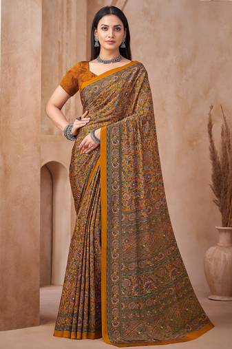 Mustard printed crepe silk fancy smooth saree with unstitch blouse
