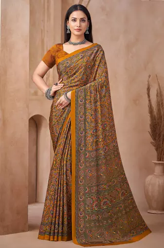 Mustard printed crepe silk fancy smooth saree with unstitch blouse