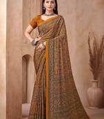 Mustard printed crepe silk fancy smooth saree with unstitch blouse