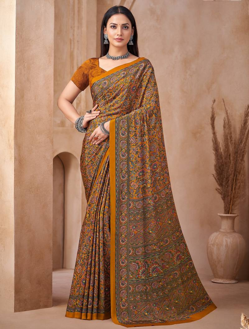 Mustard printed crepe silk fancy smooth saree with unstitch blouse
